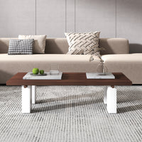 Slatted Coffee Table with Artificial Marble Tops & Iron Legs – Modern Center Table