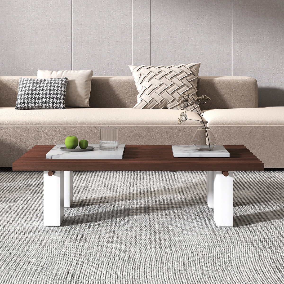 Slatted Coffee Table with Artificial Marble Tops & Iron Legs – Modern Center Table
