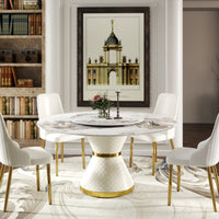 2 Sizes Round Sintered Stone Dining Table – Optional Rotating Lazy Susan, 2 Colors (Black/White) Pedestal Base with Gold Trim, Marble Pattern Tabletop