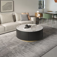 Fluted Round Coffee Table with Sintered Stone Top & Double Storage Drawers – 2 Color Options (White/Black)