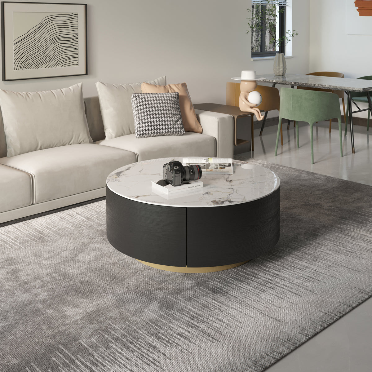 Fluted Round Coffee Table with Sintered Stone Top & Double Storage Drawers – 2 Color Options (White/Black)
