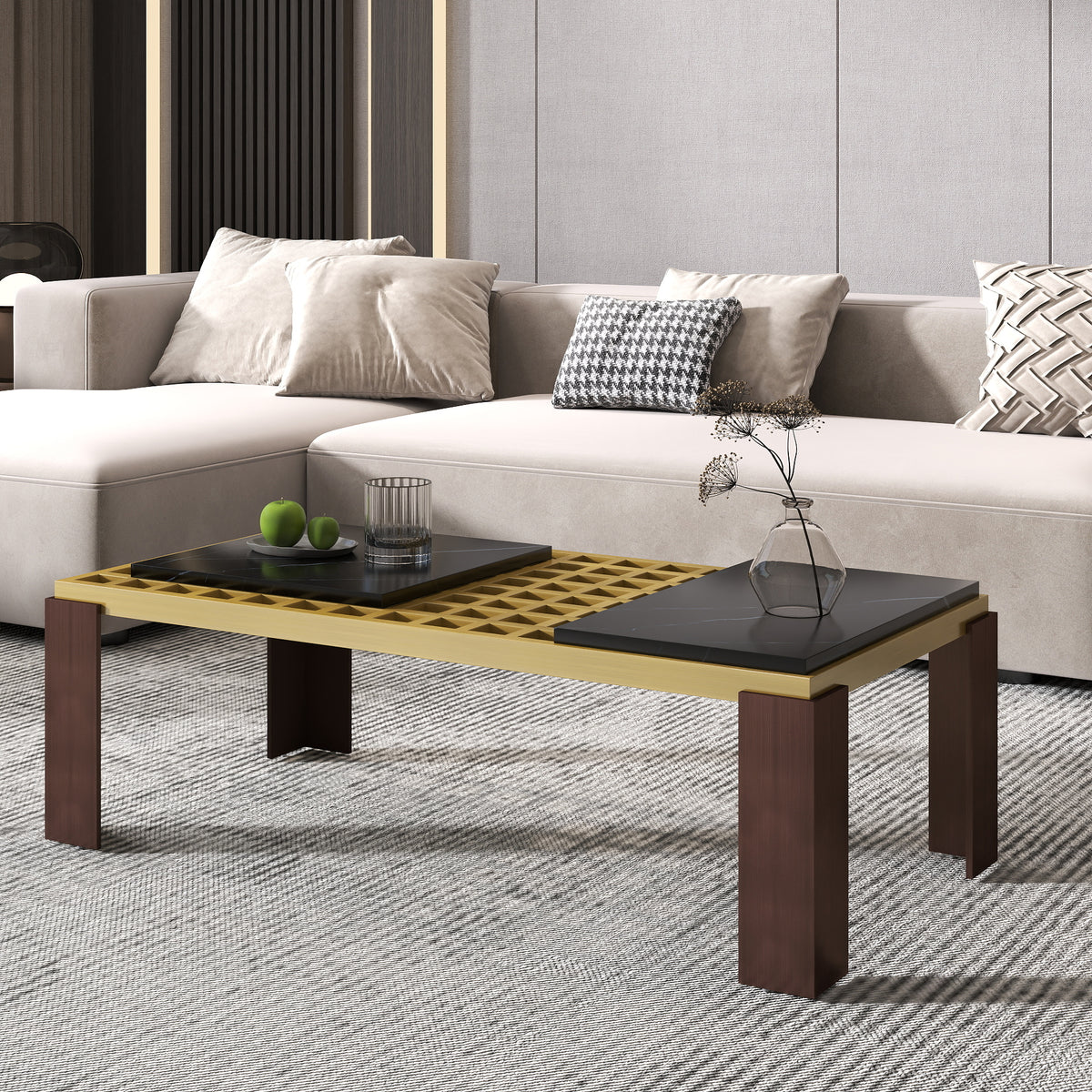 Modern Coffee Table with Artificial Marble Tops, Stainless Steel Grid, and Iron Legs