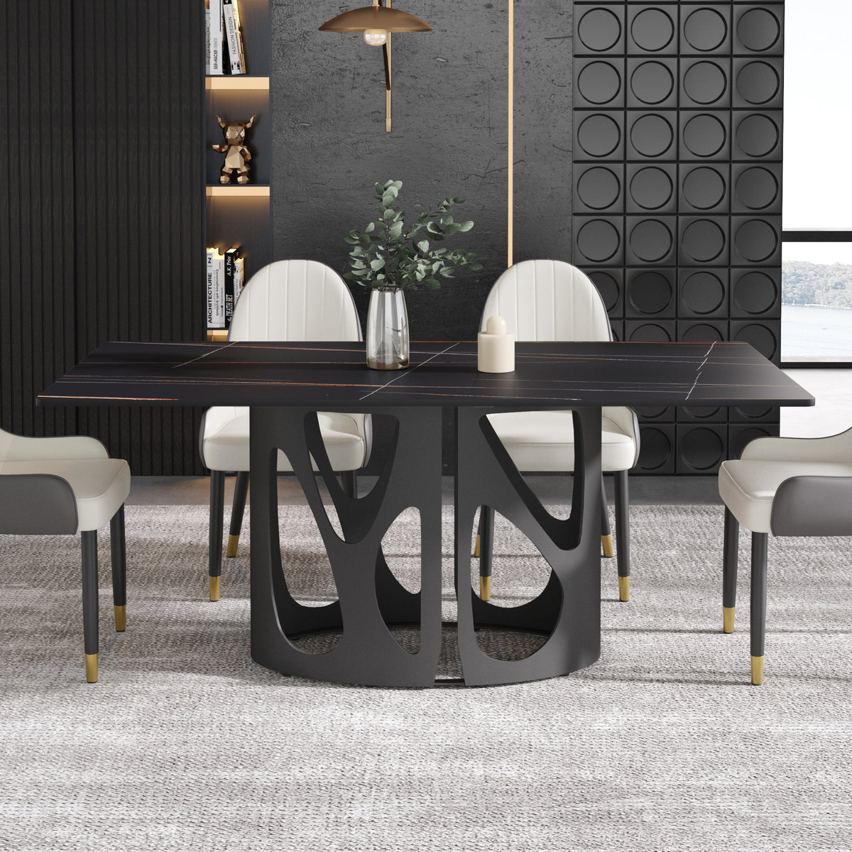 2 Sizes & 3 Colors Rectangular Dining Table – Artistic Cutout Metal Pedestal Base