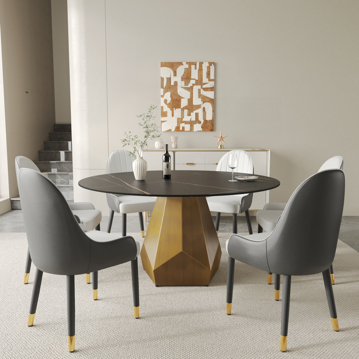 2 Sizes & 2 Colors Round Dining Table – Optional Rotating Lazy Susan, Gold-Geometric Pedestal Base
