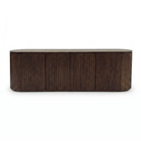【LAS VEGAS MARKET EXHIBIT】Fluted 4-Door Oval Sideboard, Dark Walnut Finished Wood Ribbed Credenza with Fixed Internal Storage Shelves