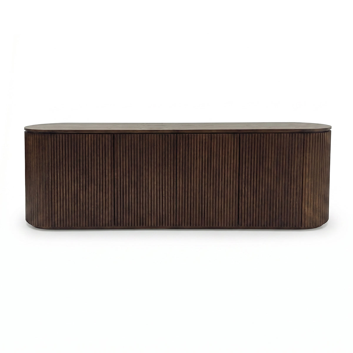 【LAS VEGAS MARKET EXHIBIT】Fluted 4-Door Oval Sideboard, Dark Walnut Finished Wood Ribbed Credenza with Fixed Internal Storage Shelves