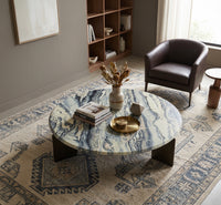 【LAS VEGAS MARKET EXHIBIT】Round Green Vein Sintered Stone Coffee Table, Two Flat Dark Bronze Metal Legs Luxury Living Room Center Table