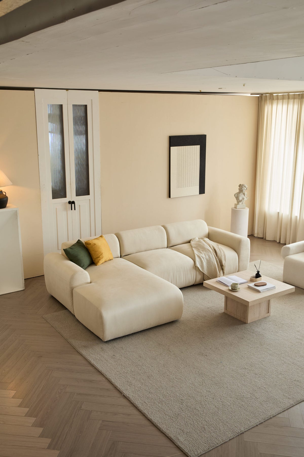 L-Shaped Sectional Sofa – Beige Cloud Sofa, Fixed Chaise Lounge, Oversized Deep Seat Couch