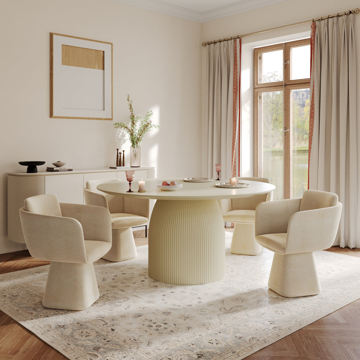 Ribbed Pedestal Round Dining Table – Cream White Minimalist Single Dining Table