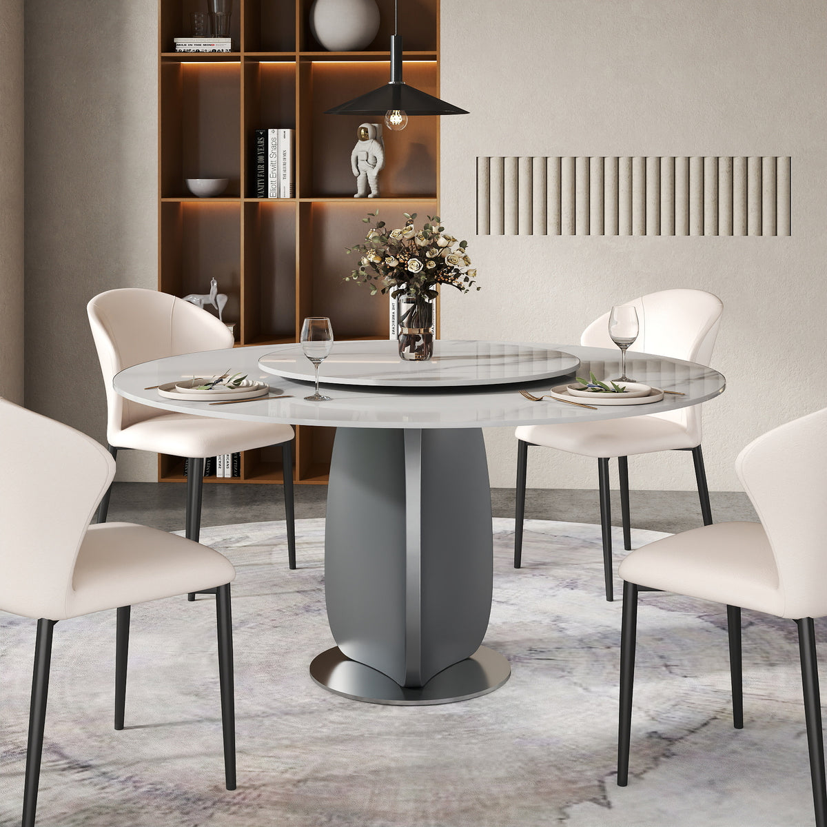 2 Sizes & 3 Colors Round Sintered Stone Dining Table – Optional Rotating Lazy Susan, Polished Gray Stainless Steel Pedestal Base, Marble Pattern Tabletop for Home Kitchen & Dining Room