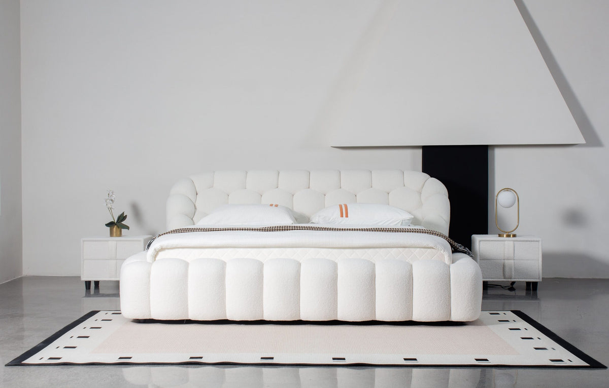 Bubble Tufted Platform Bed – Lamb Wool Upholstered Bed Available in Queen (60×80in) & King (76×80in) Frame Sizes