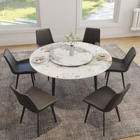 2 Sizes Round Sintered Stone Dining Table – Optional Rotating Lazy Susan, Black Metal Legs, Marble Pattern Tabletop for Modern Home