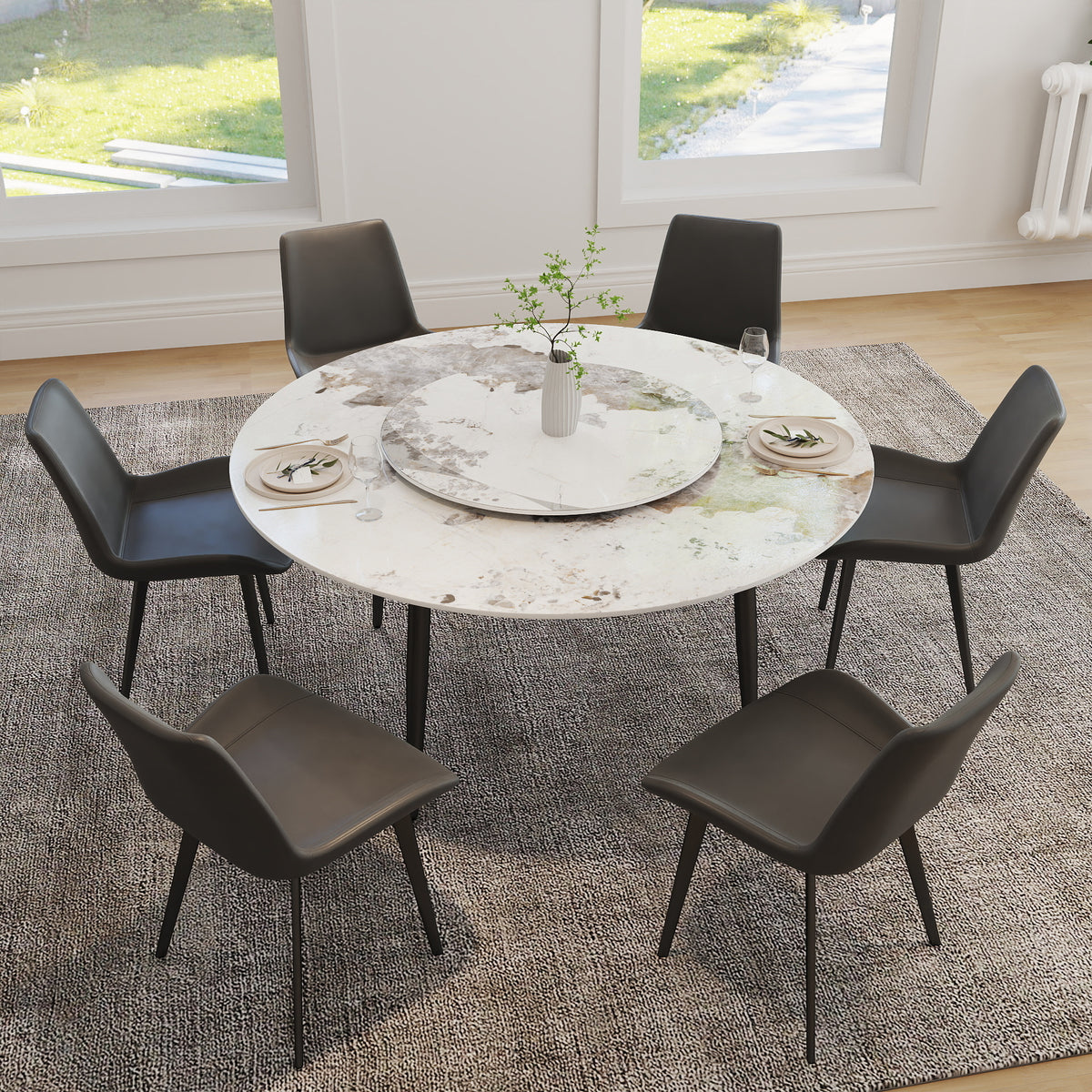 2 Sizes Round Sintered Stone Dining Table – Optional Rotating Lazy Susan, Black Metal Legs, Marble Pattern Tabletop for Modern Home