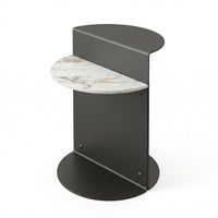 【LAS VEGAS MARKET EXHIBIT】2-Tier Sintered Stone Side Table, Matte Dark Gray Metal Frame Modern Half Moon Accent End Table for Living Room