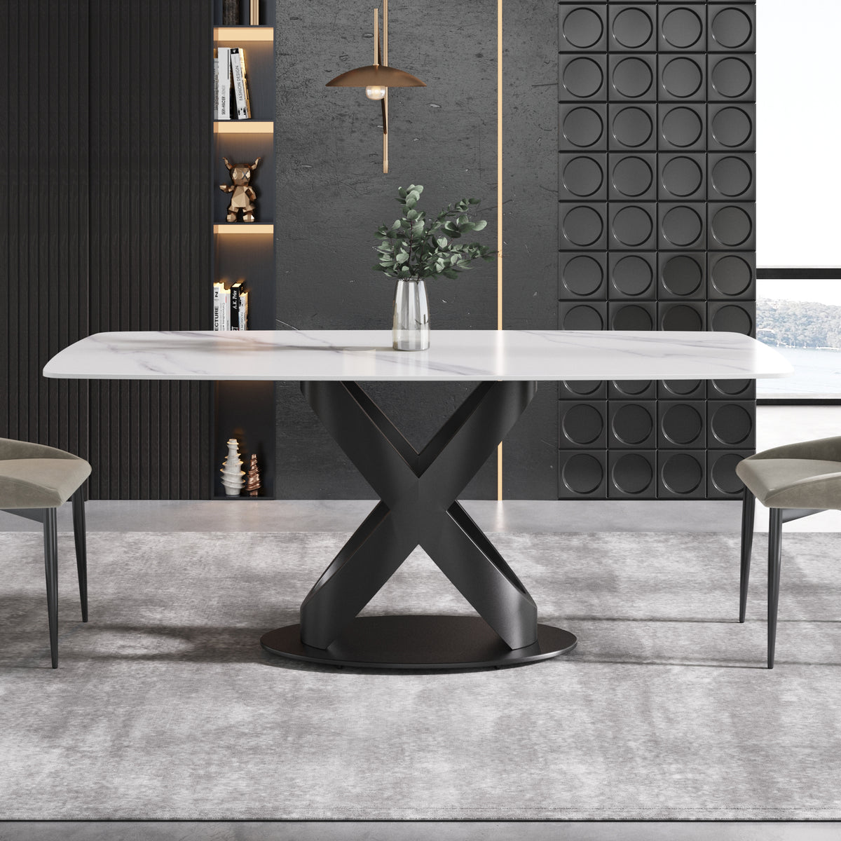 63/70.9inch Sizes & 3 Colors Rectangular Marble Dining Table – Gold/Black Carbon Steel X-Base