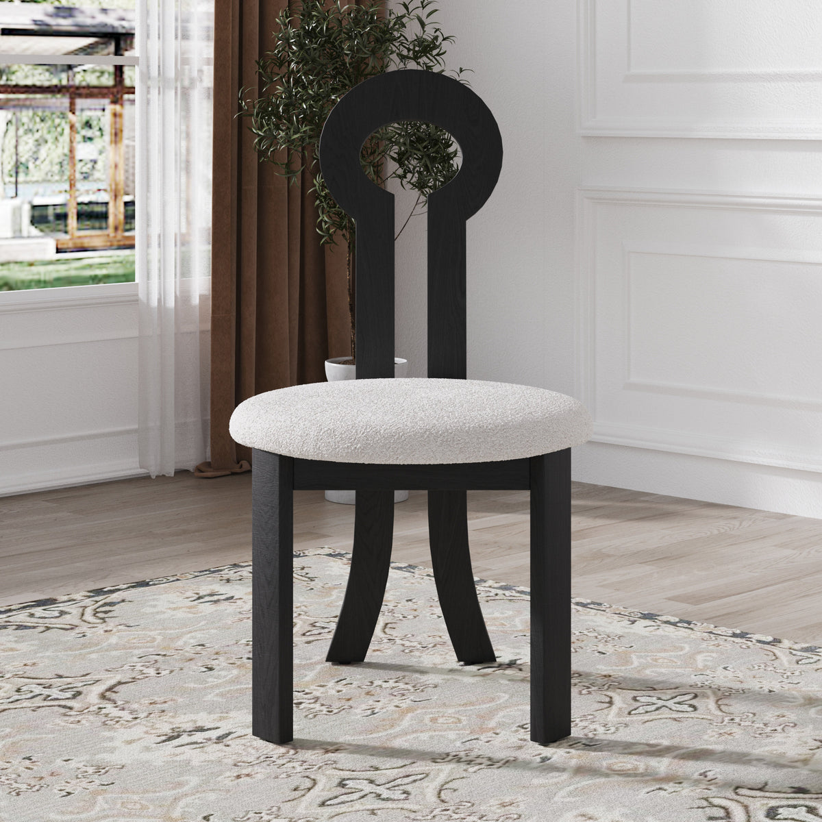 Vintage Wooden Hollow Back Dining Chair Set of 2 – Sherpa Cushion Artistic Design for Dining Room & Living Room