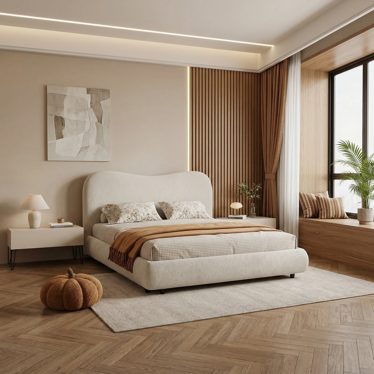 Wave-Shaped Upholstered Platform Bed – Queen & King Size Options