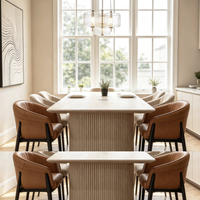 【LAS VEGAS MARKET EXHIBIT】Fluted Travertine Veneer Sintered Stone Dining Table, Oval Double Pedestal Rectangle Table