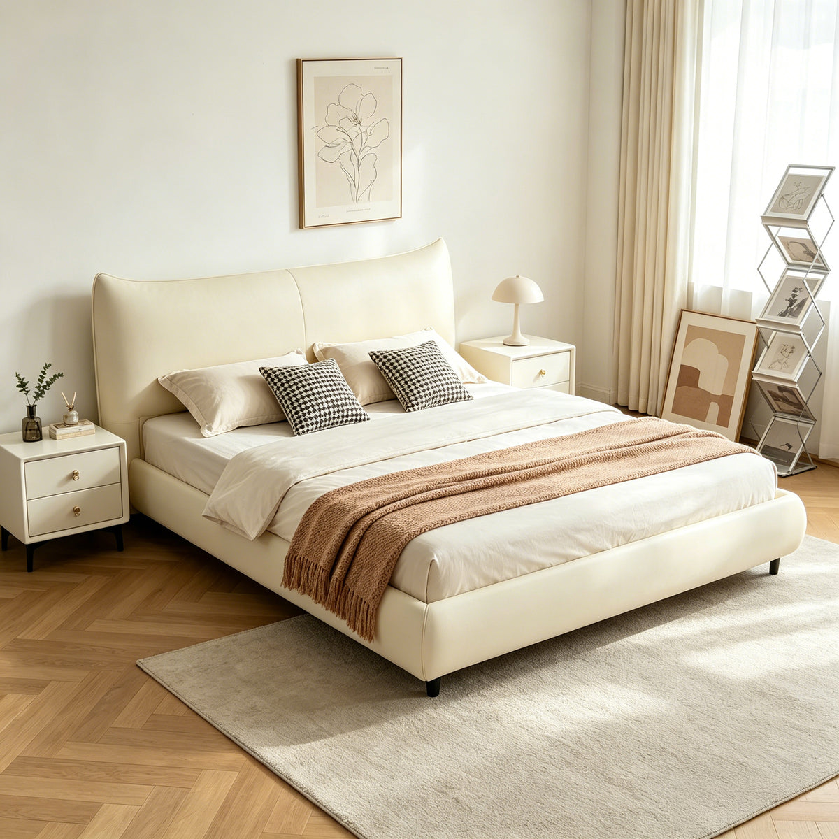 Modern Cream Upholstered Platform Bed – Fits King & Queen Size Mattress, Compatible with 10-12 Inch Thick Mattresses