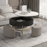 Lift-Top Round Coffee Table with Hidden Storage & 3 Upholstered Stools – 2 Color Options (Black/Natural Wood)