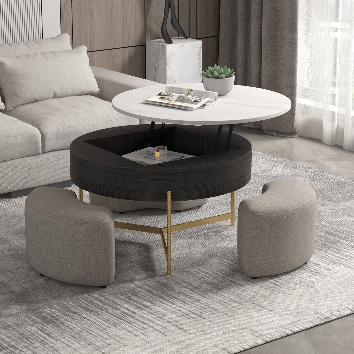 Lift-Top Round Coffee Table with Hidden Storage & 3 Upholstered Stools – 2 Color Options (Black/Natural Wood)