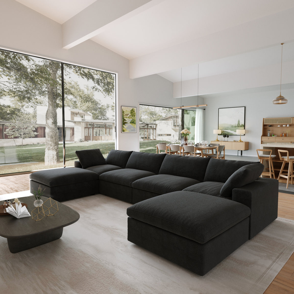 Sky Cloud Sectional Sofa | Pet-Friendly Cover 160-Inch Linen U-Shaped Sectionals 6-Seaters