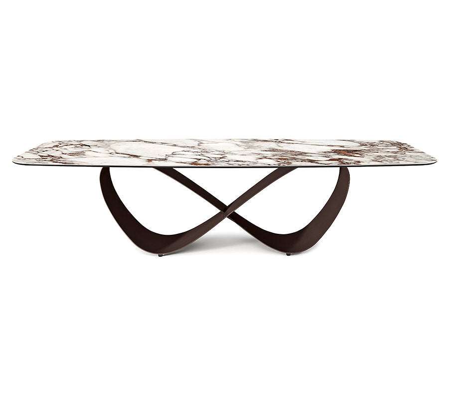 【LAS VEGAS MARKET EXHIBIT】 Infinity Base Pandora Marble Dining Table – Polished Stone Top with Sculptural Metal Base