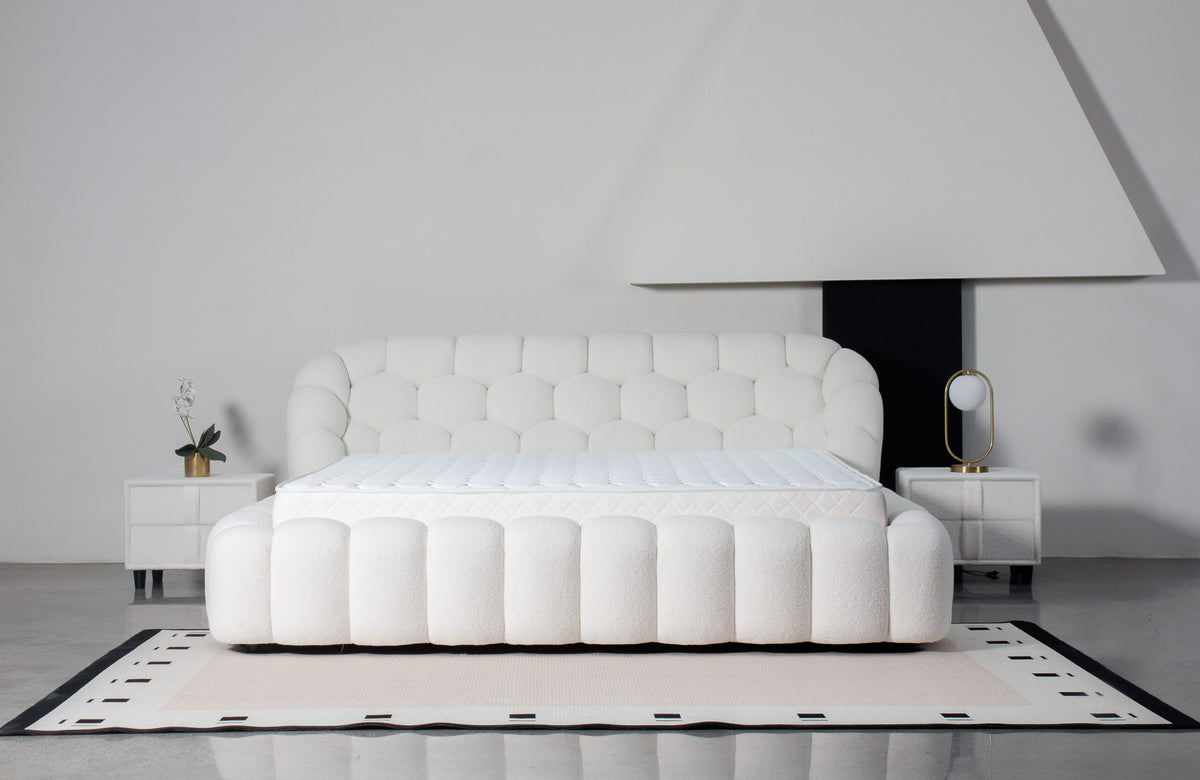 Bubble Tufted Platform Bed – Lamb Wool Upholstered Bed Available in Queen (60×80in) & King (76×80in) Frame Sizes