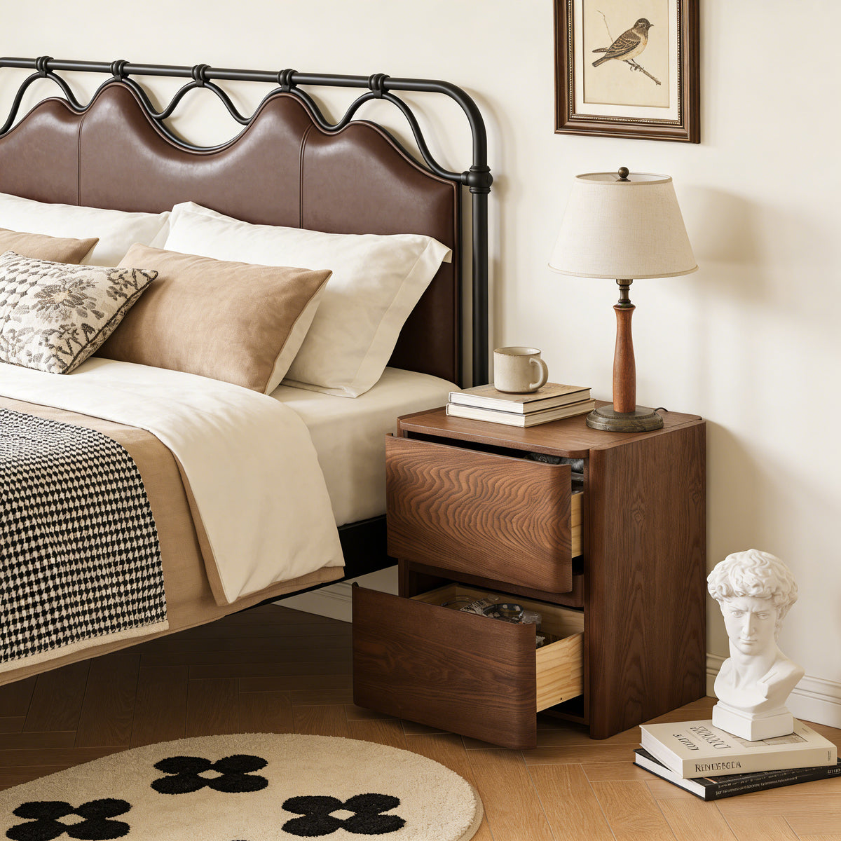 Curved 2-Drawer Solid Wood Nightstand – Modern Minimalist Bedside Table with Natural Grain