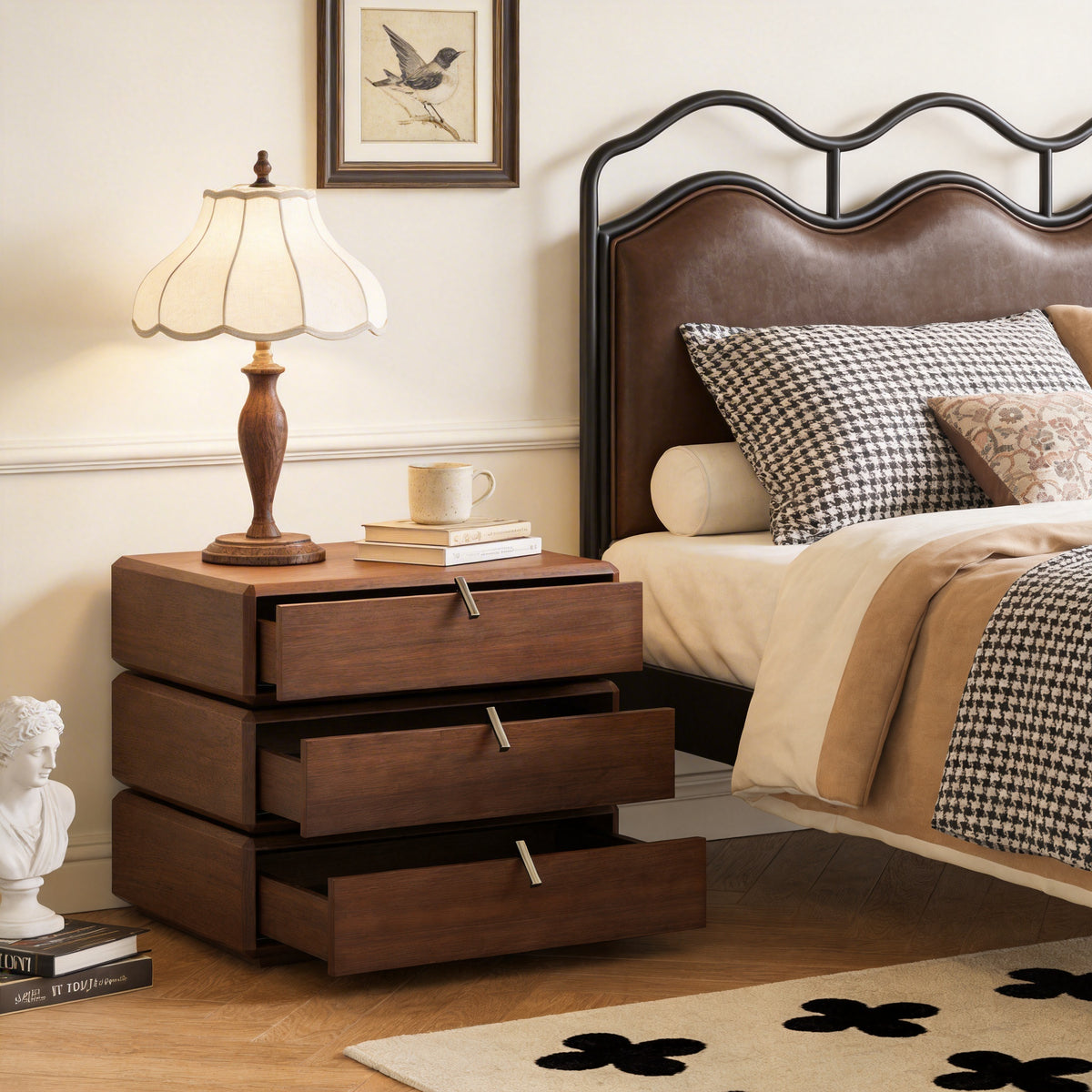 Rotating 3-Drawer Walnut Nightstand – Modern Rotatable Bedside Table with Metal Handles