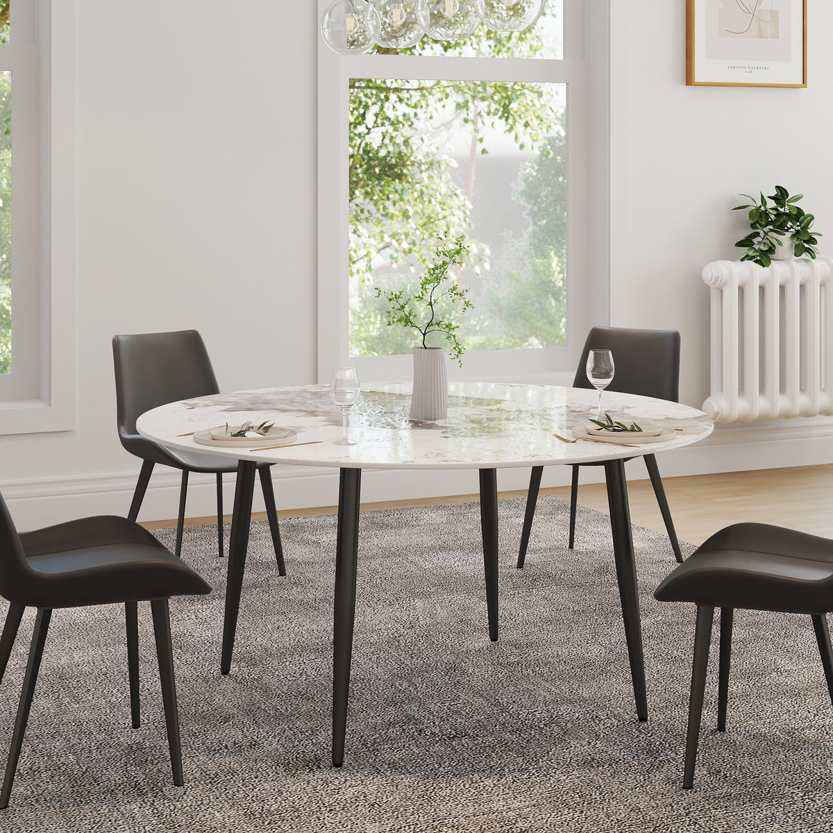 2 Sizes Round Sintered Stone Dining Table – Optional Rotating Lazy Susan, Black Metal Legs, Marble Pattern Tabletop for Modern Home