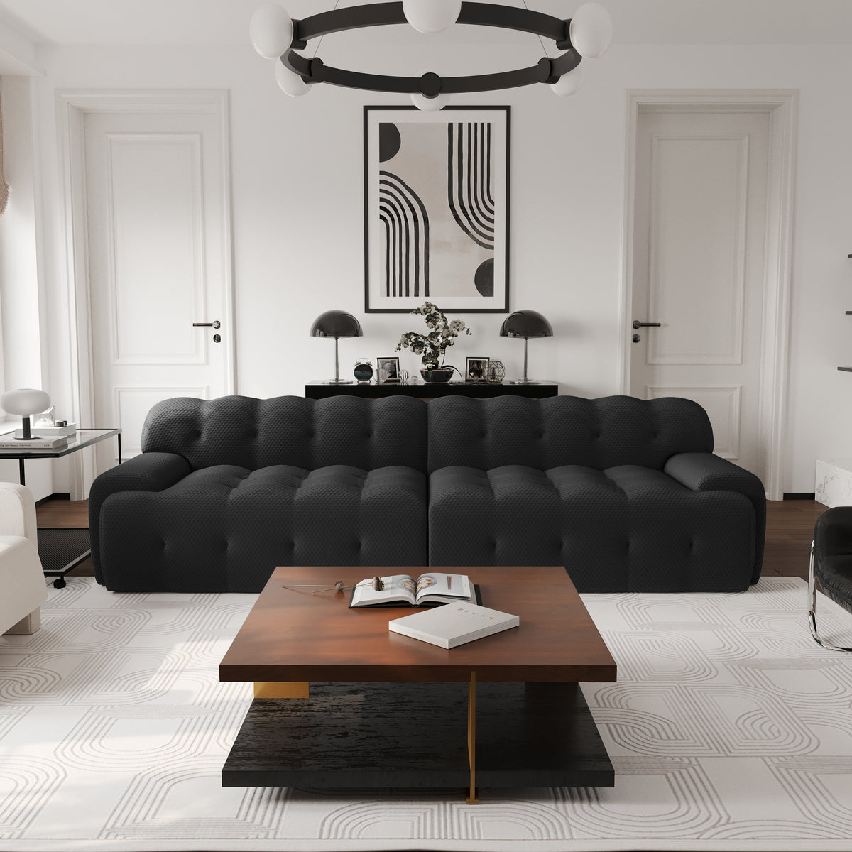 Extended Plump Modular Sofa – 3D Textured Knit Fabric + Button Quilting, Light Luxury Lazy Vibe Living Room Sofa