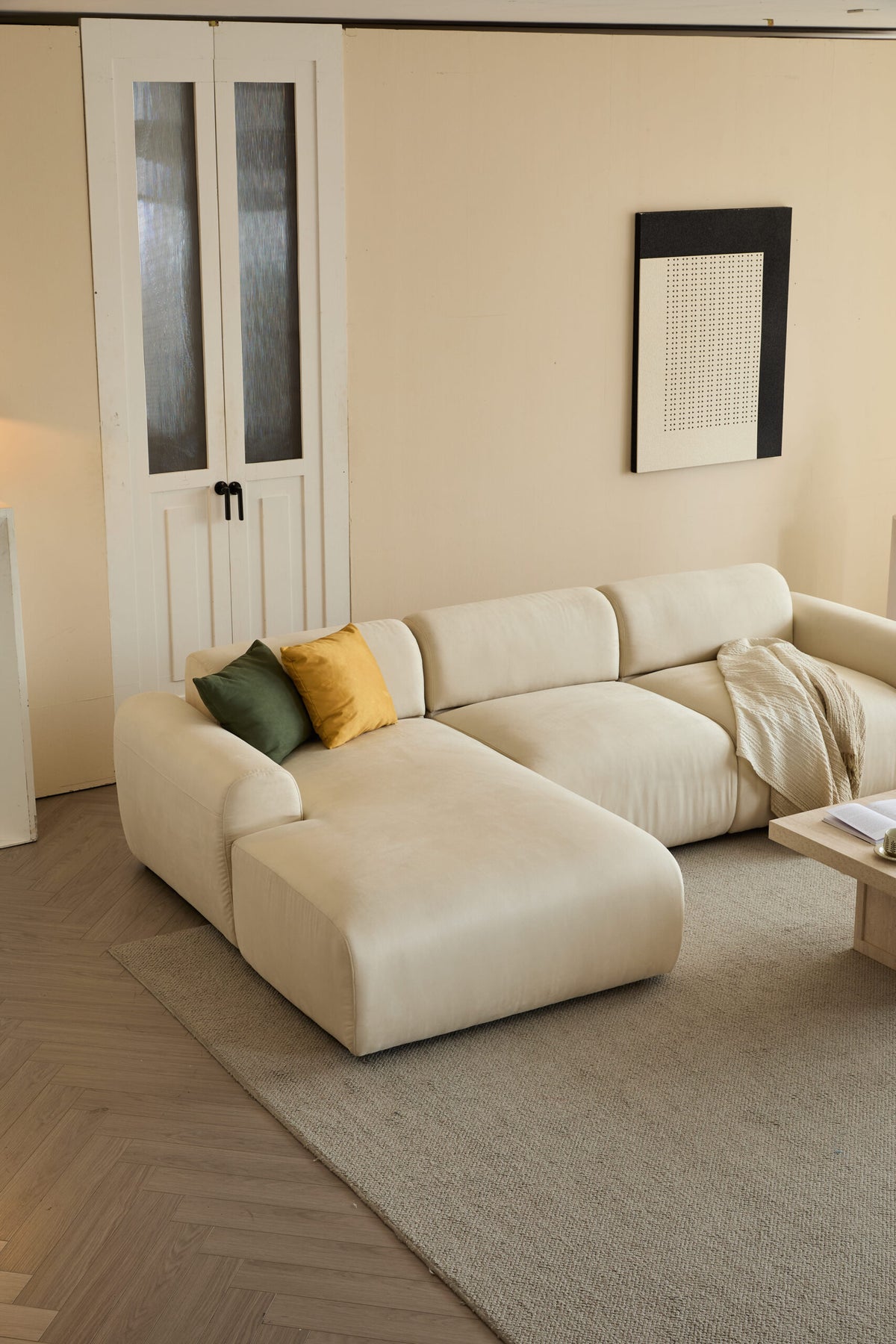 L-Shaped Sectional Sofa – Beige Cloud Sofa, Fixed Chaise Lounge, Oversized Deep Seat Couch