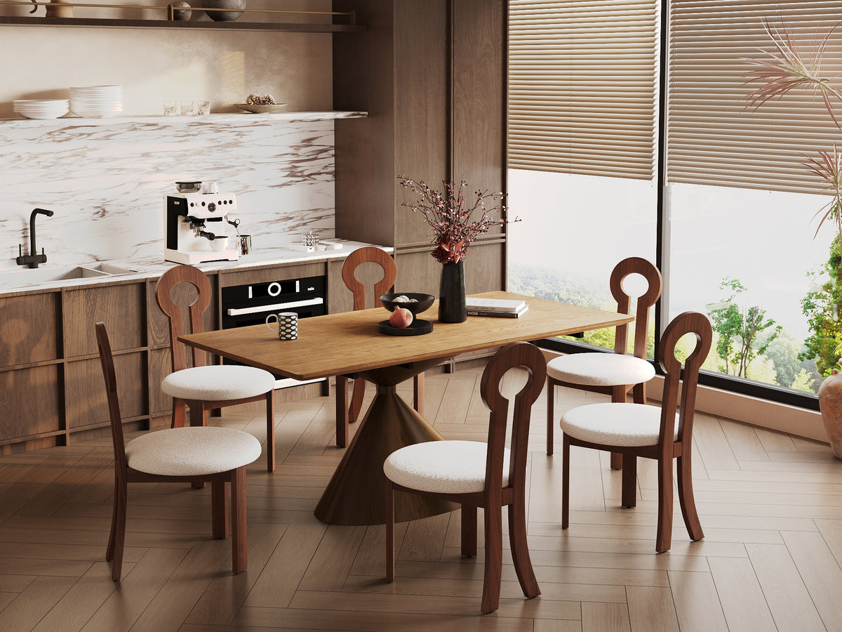 Rectangular Wood Dining Table, Conical Metal Pedestal Dining Table
