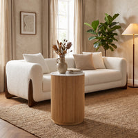 Ribbed Round Side Table – Natural Wood with Marble Tabletop, Modern End Table for Living Room