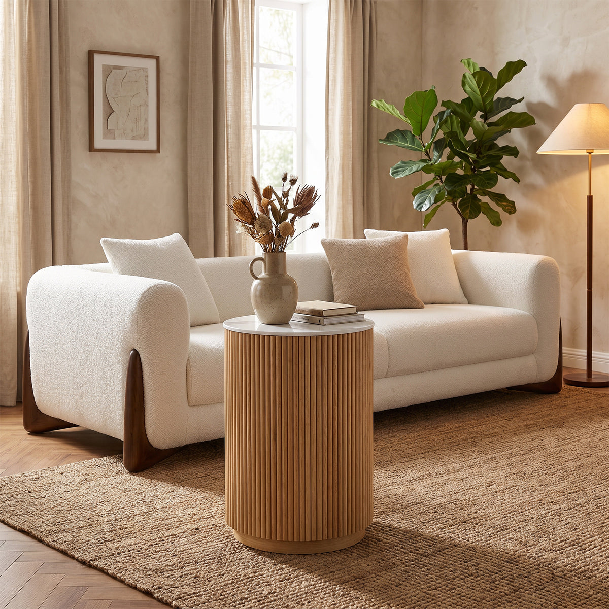 Ribbed Round Side Table – Natural Wood with Marble Tabletop, Modern End Table for Living Room
