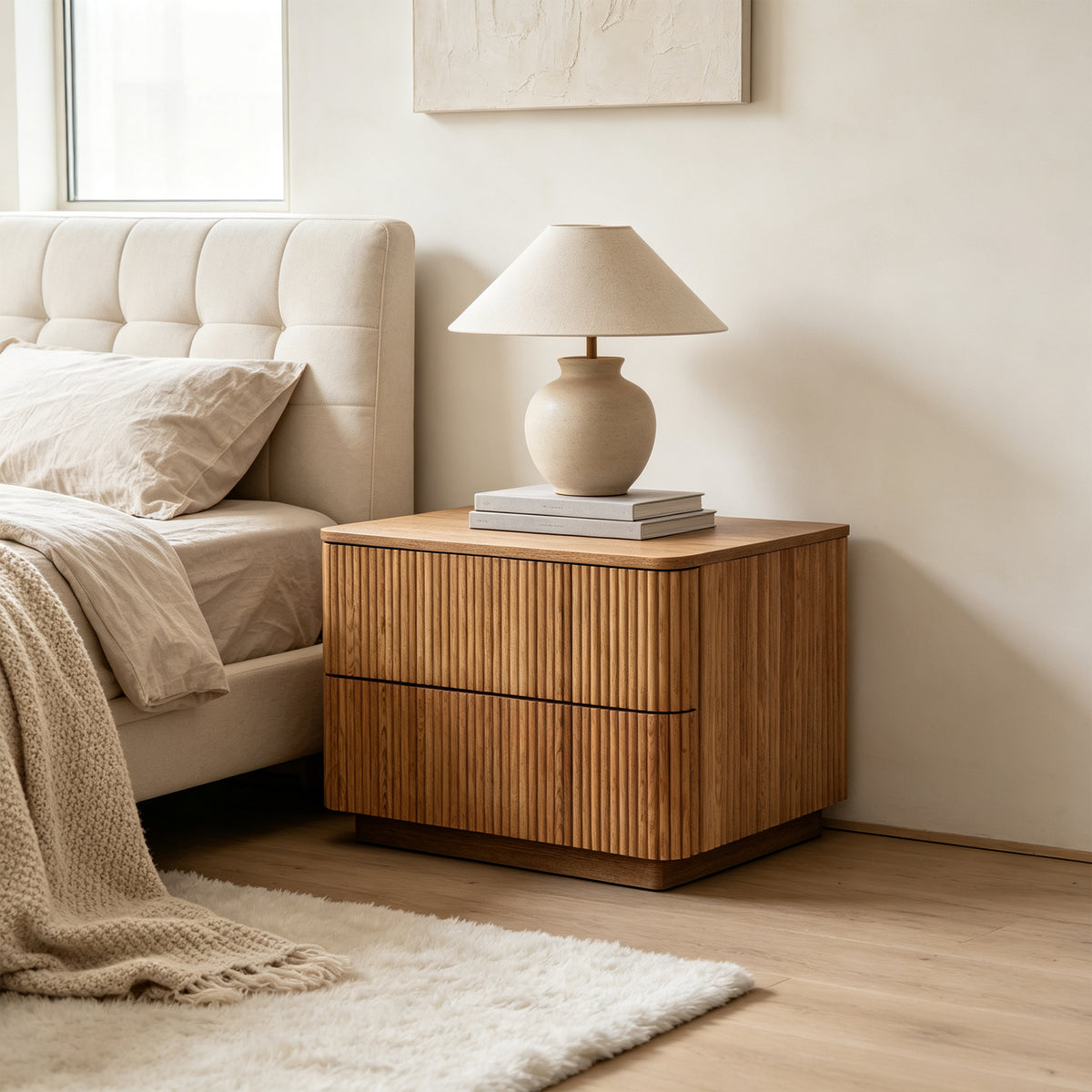 Fluted Wood 2-Drawer Nightstand, Smooth Curved Trim Wooden Bedside Storage Cabinet for Minimalist Bedroom