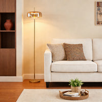 Modern Gold Floor Lamp with Amber Glass Shade – Standing Lamp for Living Room & Bedroom