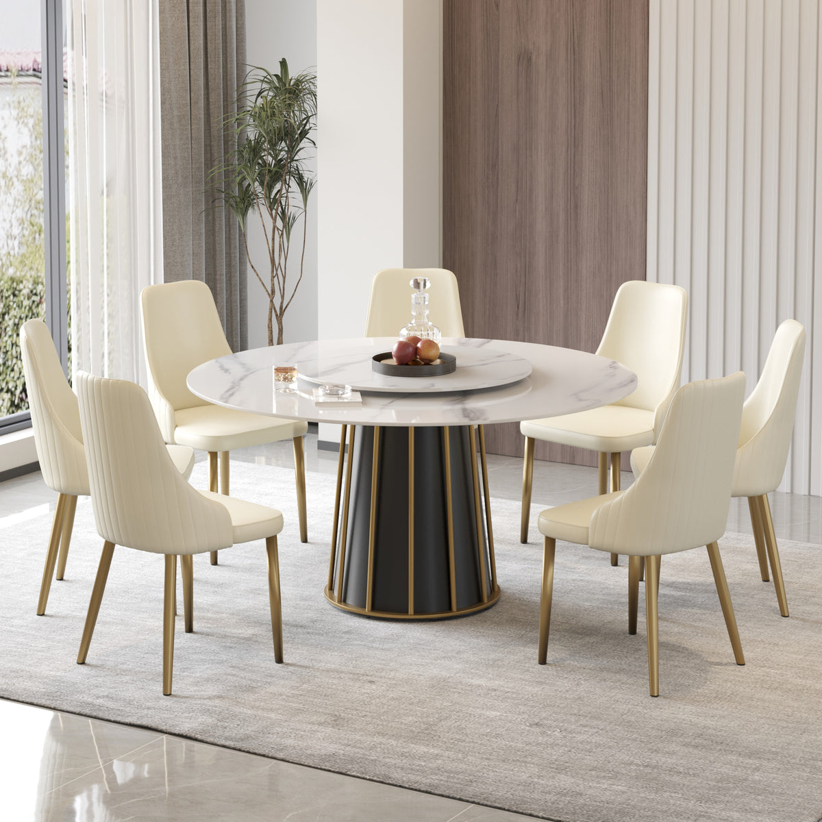 2 Sizes & 3 Colors Round Marble-Pattern Dining Table – Optional Rotating Lazy Susan, Black & Gold Metal Pedestal Base