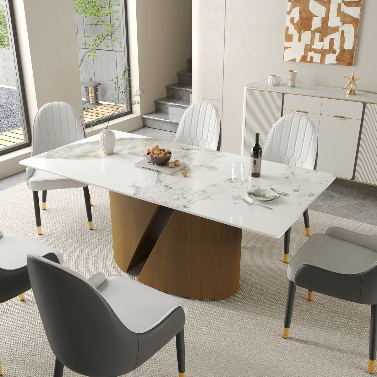 2 Sizes & 3 Colors Rectangular Dining Table – Artistic Gold Pedestal Base