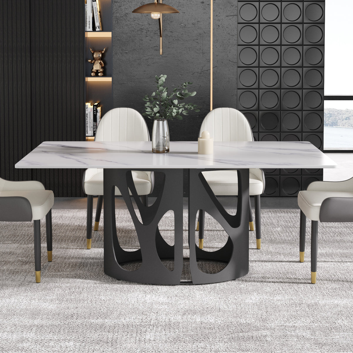 2 Sizes & 3 Colors Rectangular Dining Table – Artistic Cutout Metal Pedestal Base