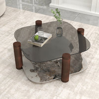 Two-Tier Coffee Table with Glass & Artificial Marble Tops, 2 Color Options (Bronze/White)