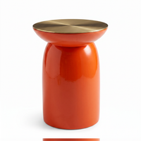 【LAS VEGAS MARKET EXHIBIT】Glossy Orange-Red Sculptural Side Table, Brushed Brass Round Top Modern Accent End Table for Living Room