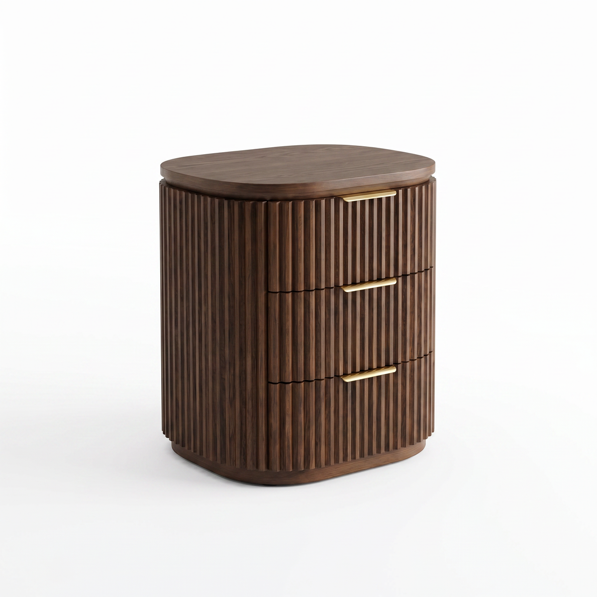 【LAS VEGAS MARKET EXHIBIT】Fluted 3-Drawer Walnut Nightstand with Brass Handles