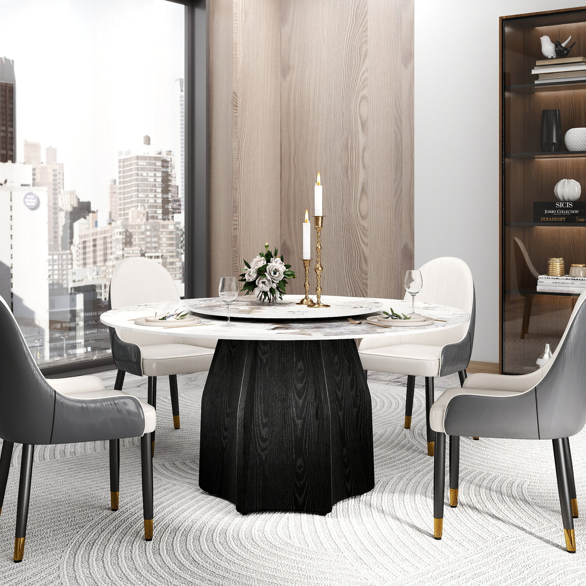 2 Sizes, 3 Tabletop Colors & 2 Leg Colors Round Dining Table – Optional Rotating Lazy Susan