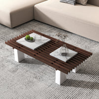 Slatted Coffee Table with Artificial Marble Tops & Iron Legs – Modern Center Table