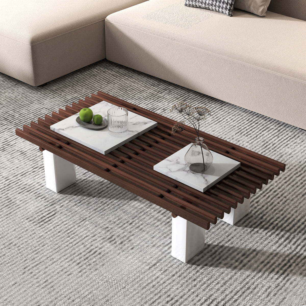 Slatted Coffee Table with Artificial Marble Tops & Iron Legs – Modern Center Table