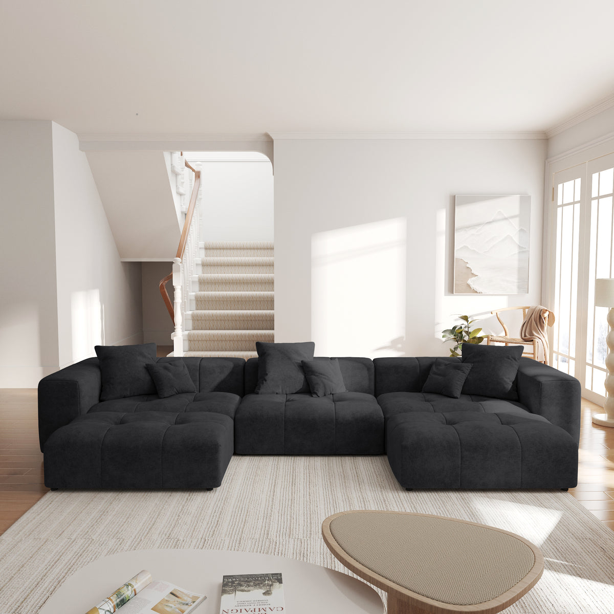 Large-Size Modular Sectional Sofa – Soft Velvet Fabric + 3D Cushions, Open Relaxed Vibe Living Room Sofa