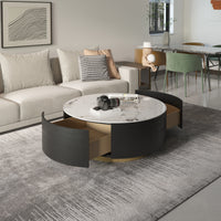 Fluted Round Coffee Table with Sintered Stone Top & Double Storage Drawers – 2 Color Options (White/Black)
