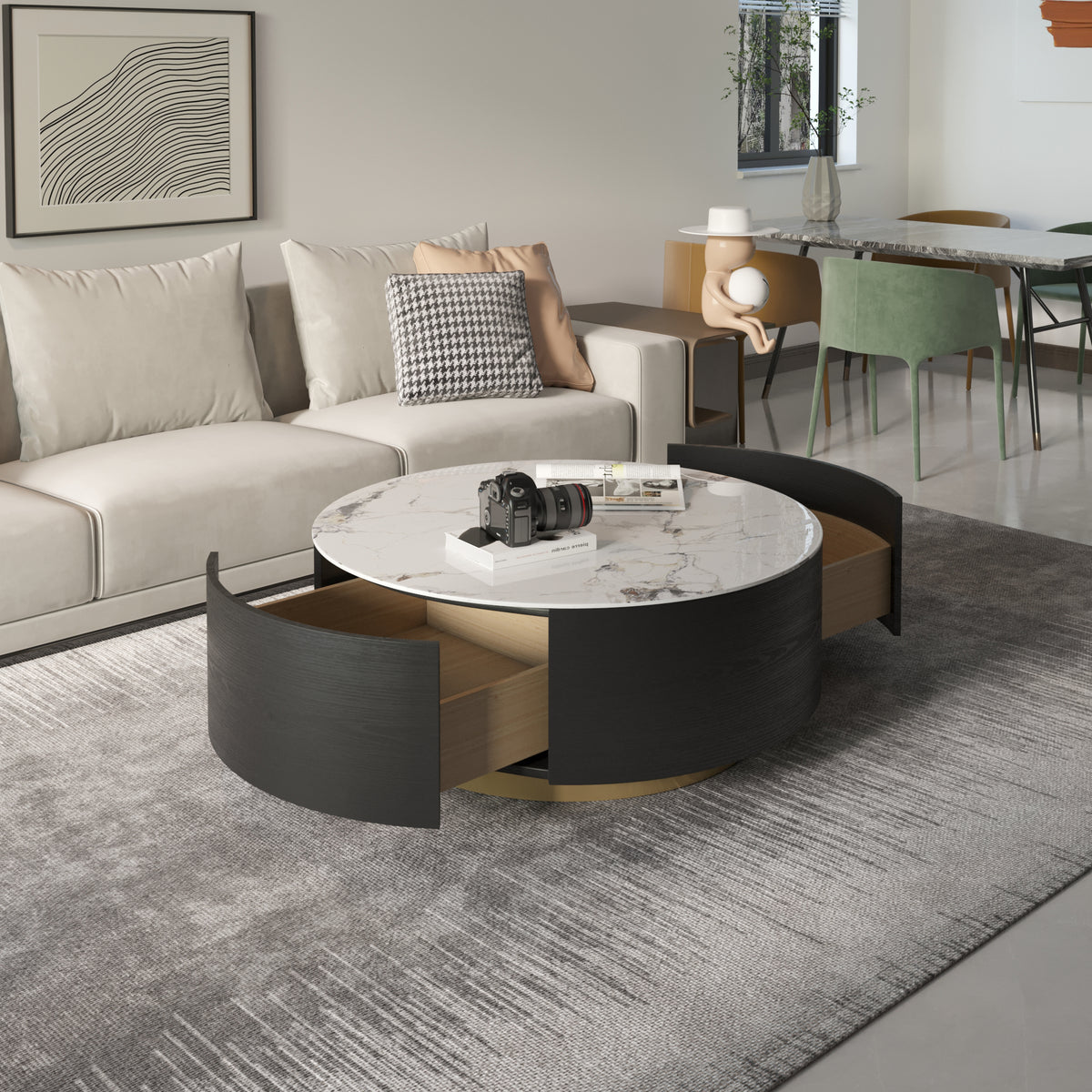 Fluted Round Coffee Table with Sintered Stone Top & Double Storage Drawers – 2 Color Options (White/Black)